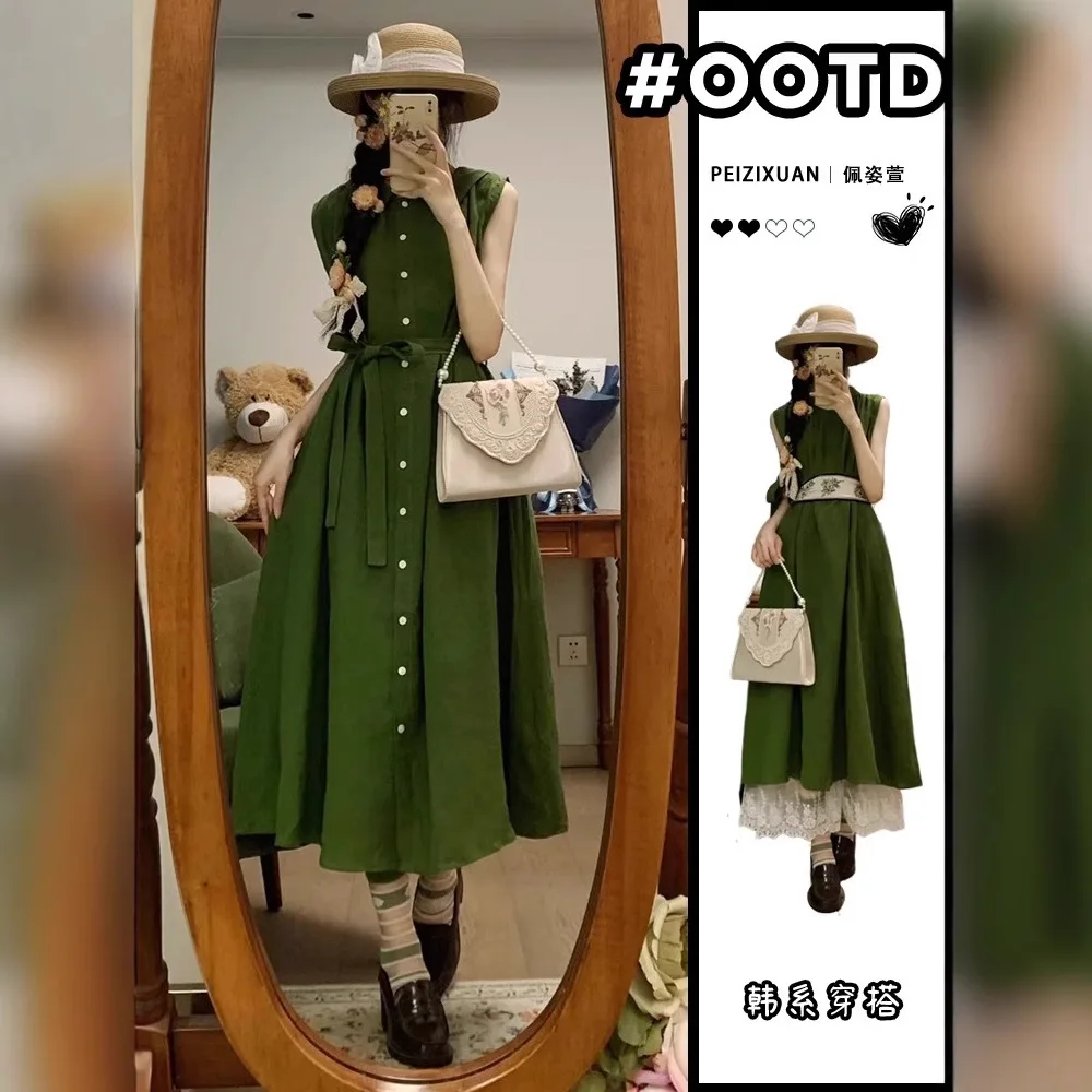 Korean Atmosphere, Wear Green Mori Sleeveless Coffee Break Dress, Children's Summer, Thin Dress