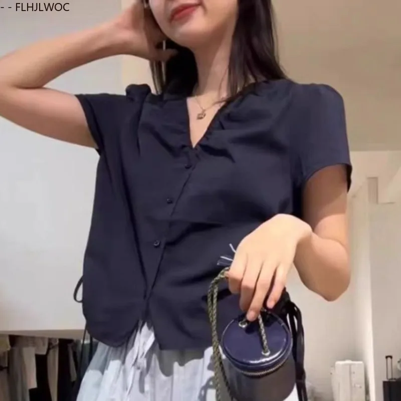 ผ้าฝ้ายผสมเสื้อใหม่แฟชั่นผู้หญิงฤดูร้อนแขนสั้น V คอน่ารักสาวหวาน Solid Shirring Draped ปุ่มเสื้อ