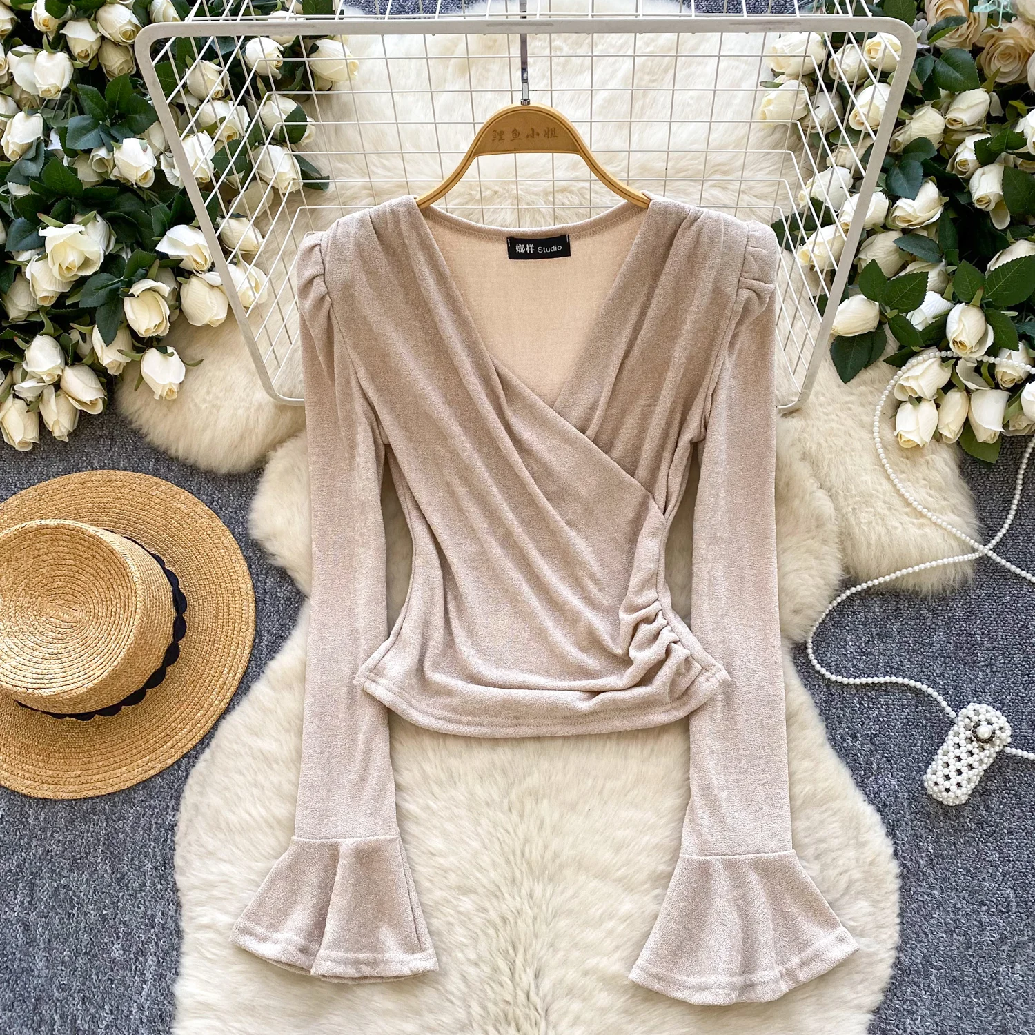 

Vintage Elegant Criss-Cross flare sleeve long sleeve Blouse Fashion Shirt Casual Top Fairy Women Shirt