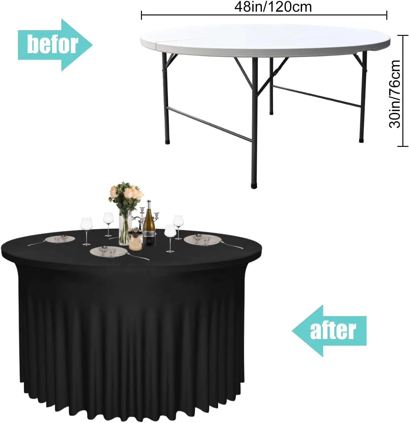 4 Pack Black 48Inch Round Table Skirt | Round Tablecloth For 4Ft Tables|Polyester Spandex Round Table Cloths With Skirt|Stain