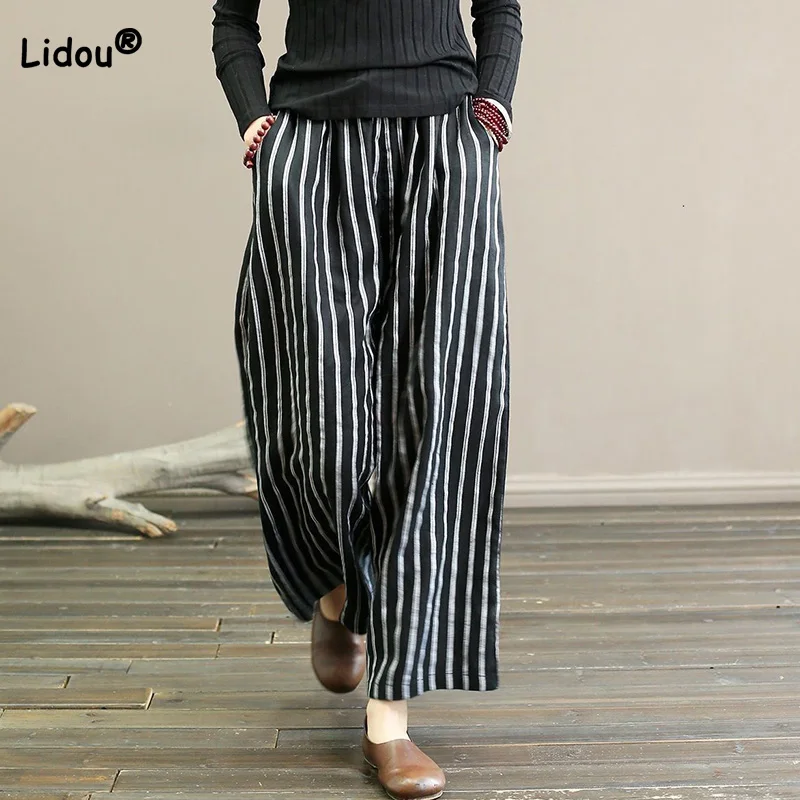 

Retro Cotton Linen Striped Printing and Dyeing Wide Leg Pants for Women Summer Pockets Drape Casual Straight Cropped Trousers