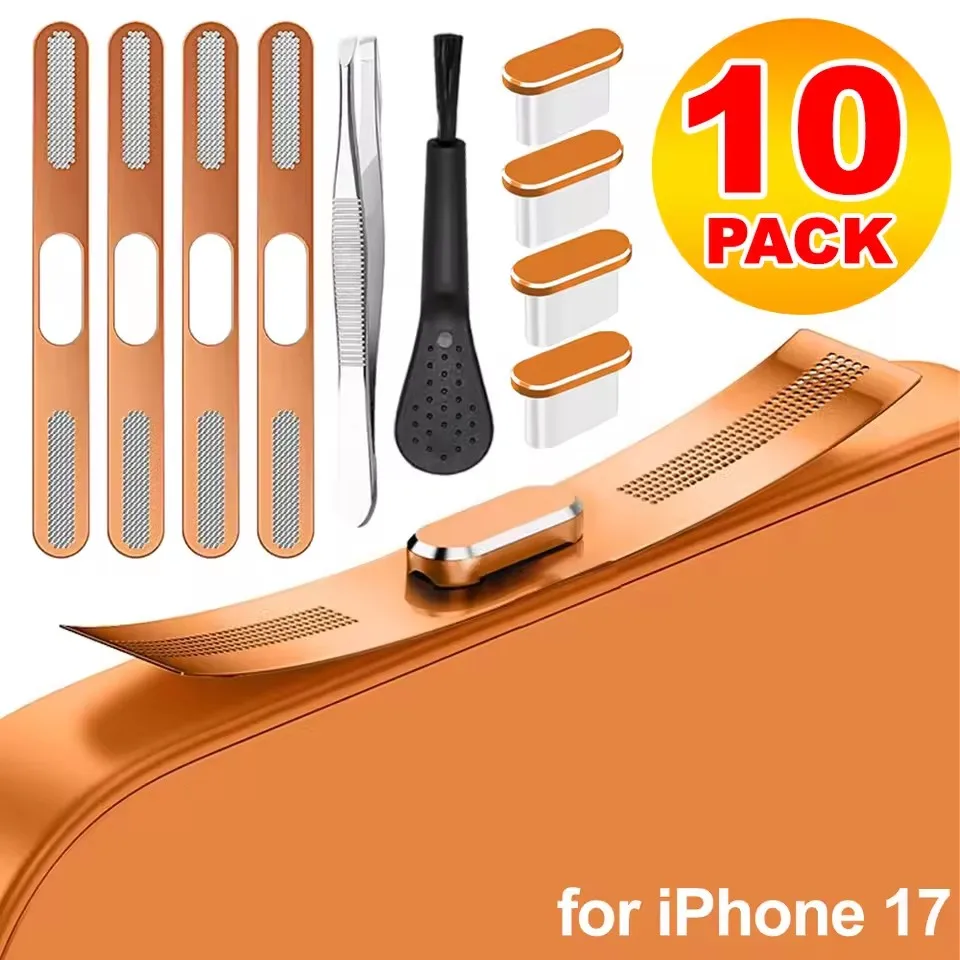 10 pçs kit de limpeza protetor de alto-falante cobre com plugues de poeira de metal tampa da porta de carregamento para iphone 17/17 pro/17 ar/17 promax