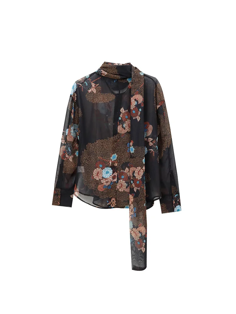 2024 Autumn and Winter New European and American Style Women\'s Casual Flower Printed Round Neck Long Sleeve Shirt