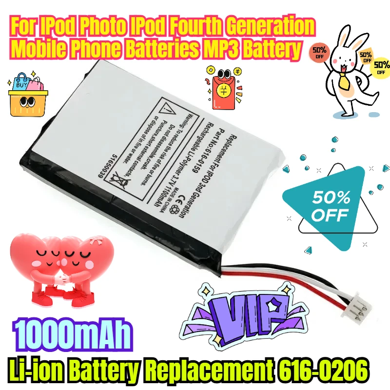 1000mAh Li-ion Battery Replacement 616-0206 for IPod Photo IPod Fourth Generation Mobile Phone Batteries MP3 Battery