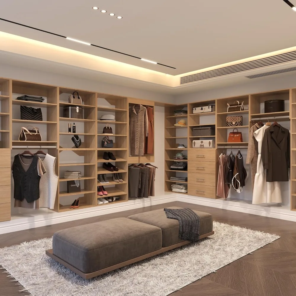 Sistema modular de organizador de armário de madeira para soluções de armazenamento walk-in, armazenamento eficiente de roupas em unidade de torre curta de 4 gavetas