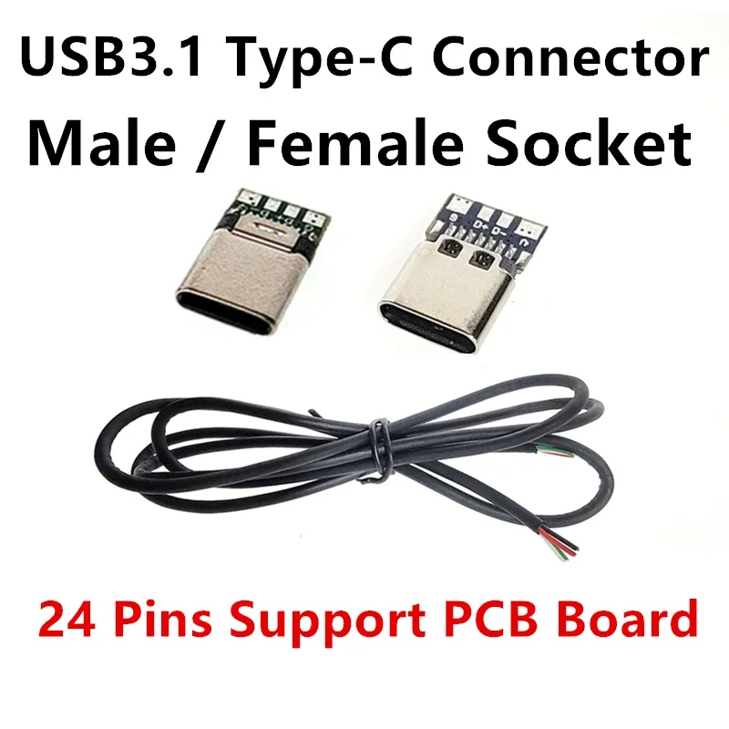 10pcs USB 3.1 Type-C Connector 24 Pins Male / Female Socket Receptacle Adapter to Solder Wire & Cable 24 Pins Support PCB Board