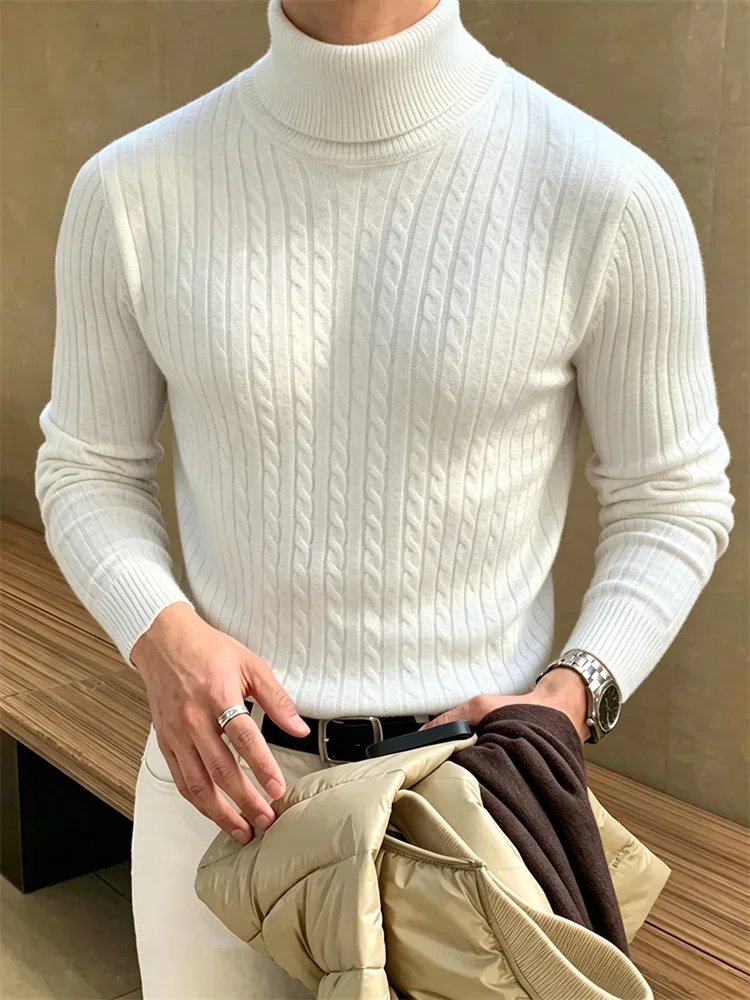 Men's Jacquard Knitwear Simple Style Slim Fit Solid Color Fashion Warm Knitted Pullovers Turtleneck Male Classic Sweater