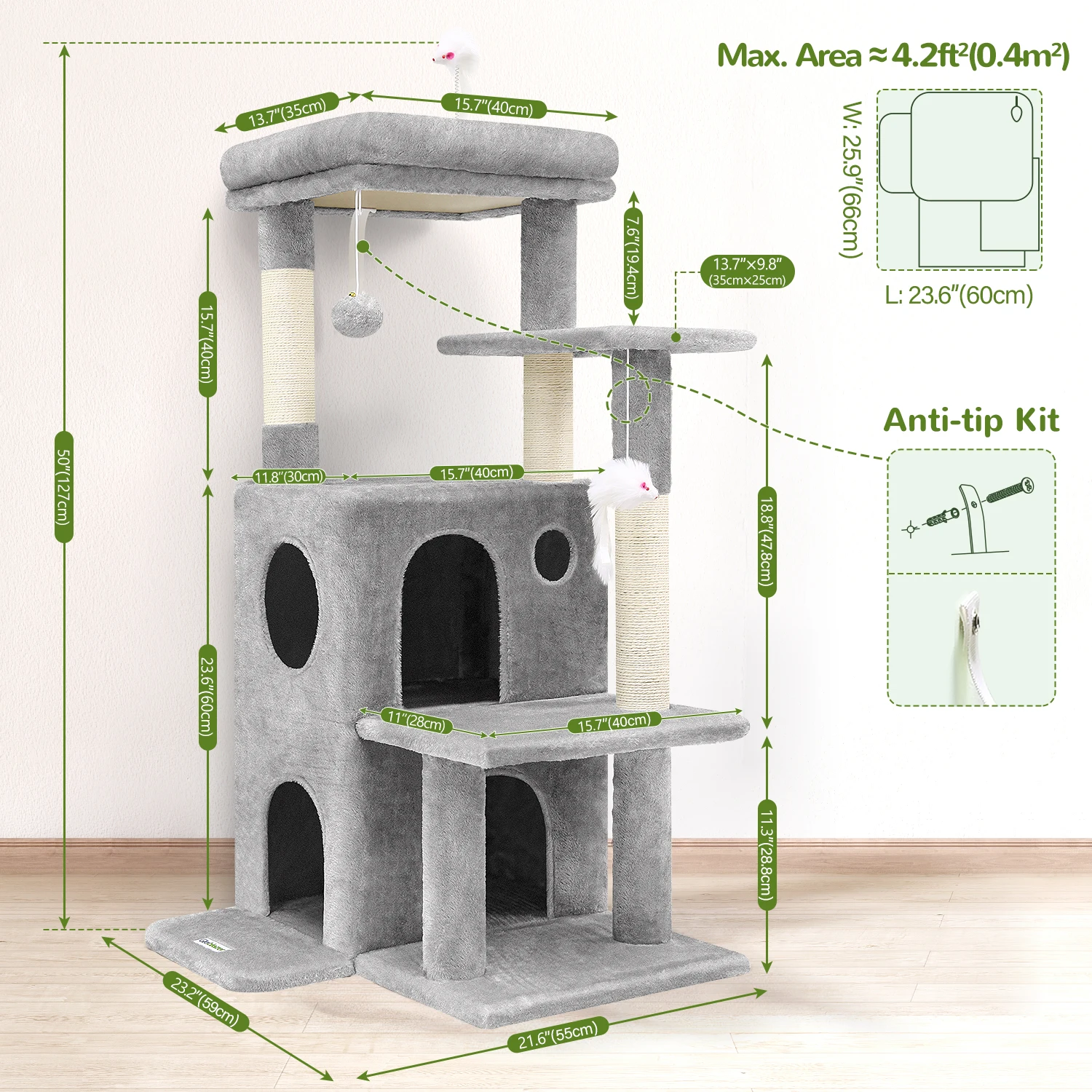 FC50 Adult Cat Tree, 50-inch Cat Condos for Indoor Cats Large Cat Tree House Cat Tower with Scratching Post, 2 Cat Caves,