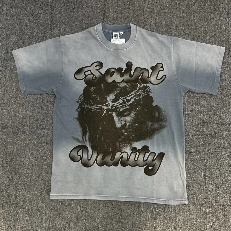 

SAINT Ретро стираная футболка из чистого хлопка с портретным принтом высокого качества 1:1 с круглым вырезом