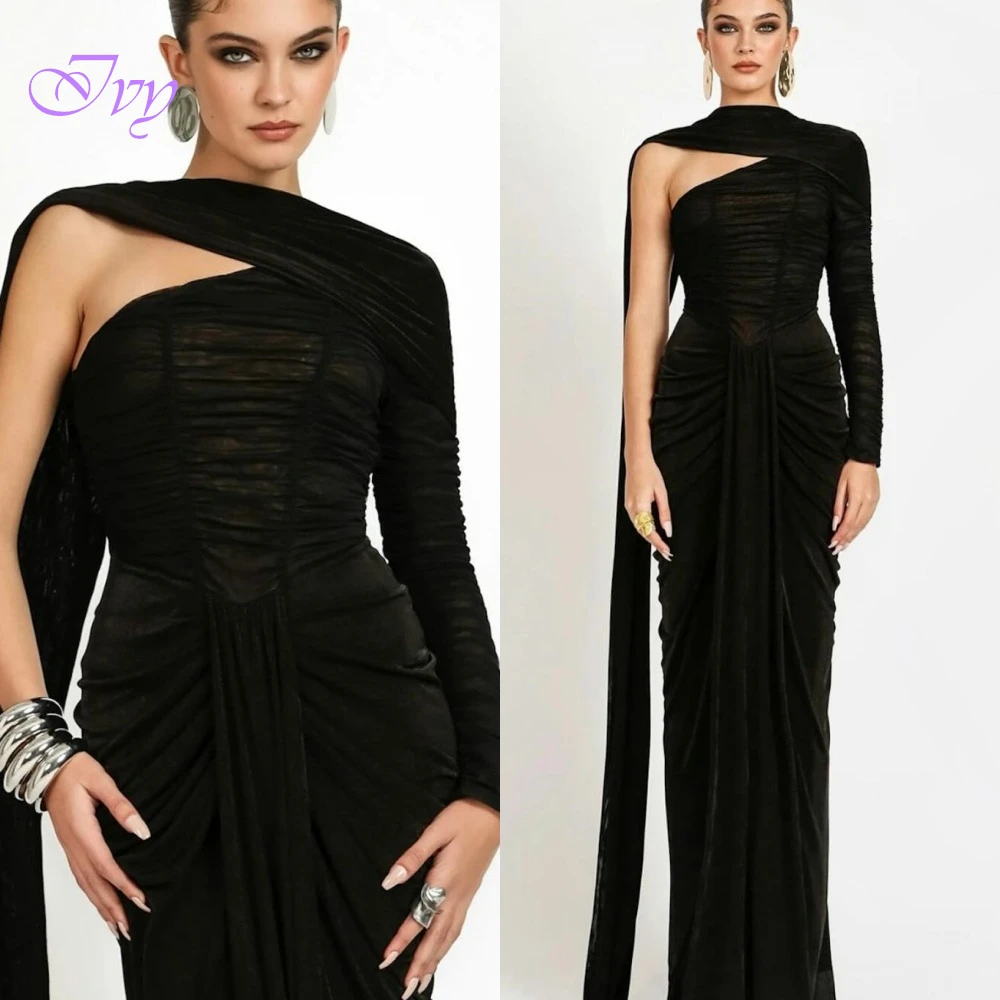 Customized Classic One Shoulder Long Sleeves Evening Dress  See Through Tulle Prom Dresses Delicate Bespoke Occasion Gowns