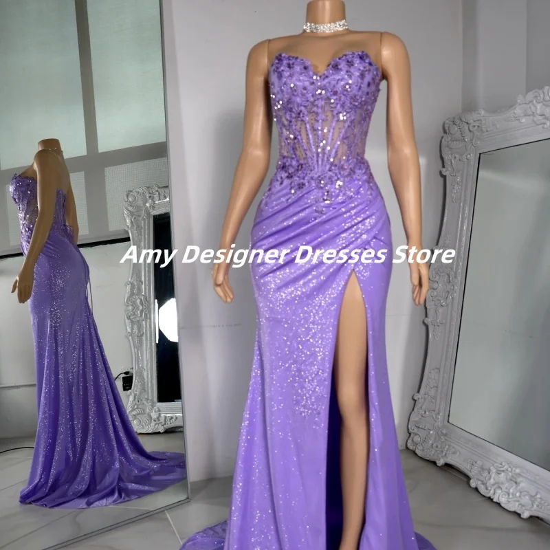 Elegant Purple Mermaid Prom Dress Backless Sequin Evening Party Gowns Exposed Boning Birthday Dresses With Appliques Customized