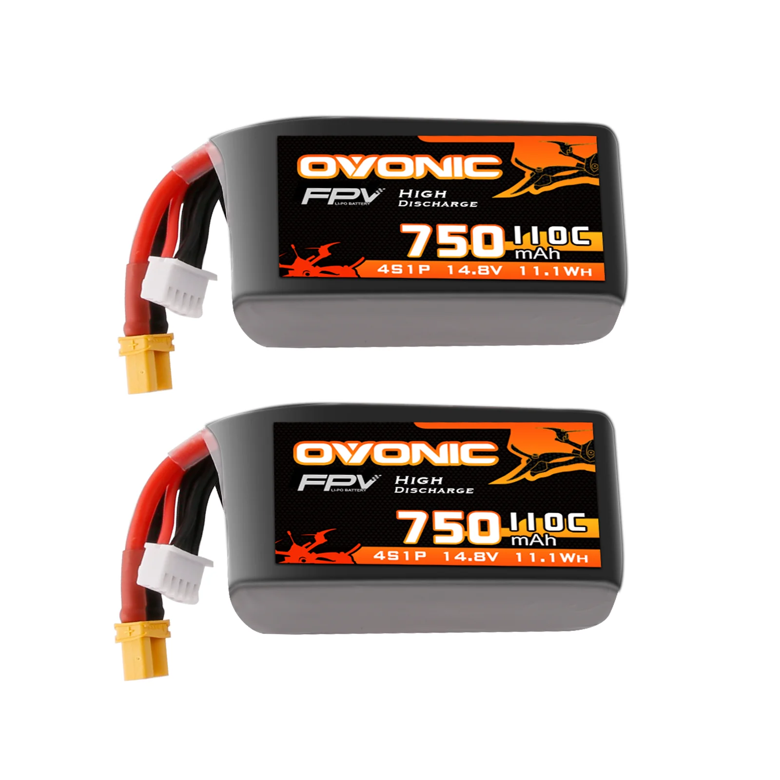 Batteria Lipo Ovonic 4S 750mAh 4S1P 110C 14.8V con Connettore XT30 per Droni FPV Cinematici da 3-5 Pollici, Confezione da 2