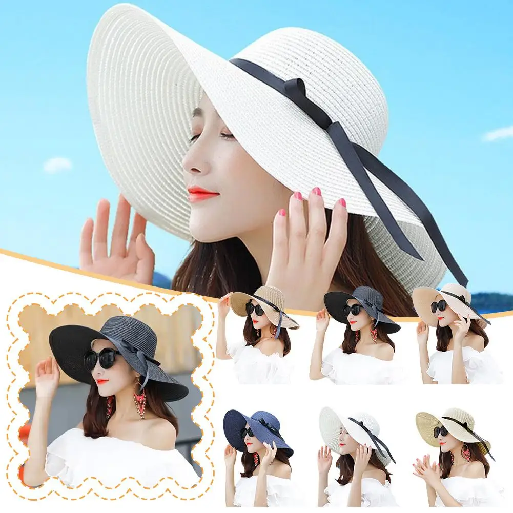 

Beach Travel Sun Visor Wide Brim Straw Hat Fashion Summer Bow Cap Sun Protection Casual Panama Hat for Women J6W2