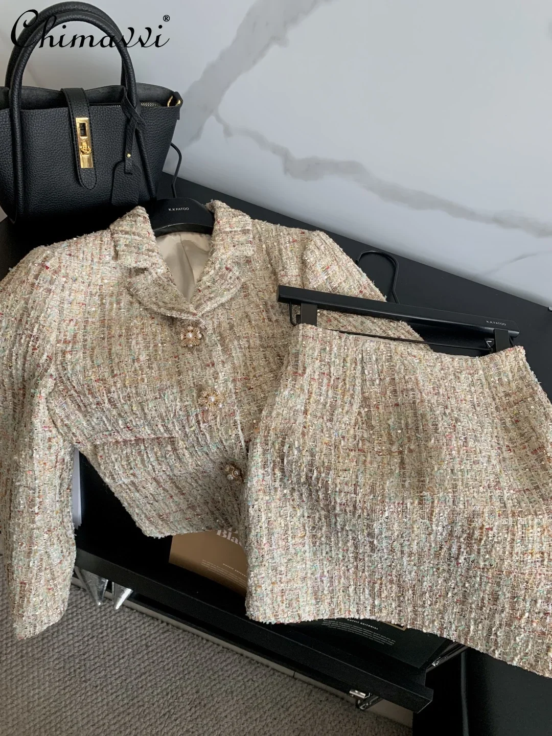 

High-end Color Thread Woven Tweed Blazer Coat High Waist A-shaped Skirt Autumn and Winter New Elegant Party Women's Skirt Sets