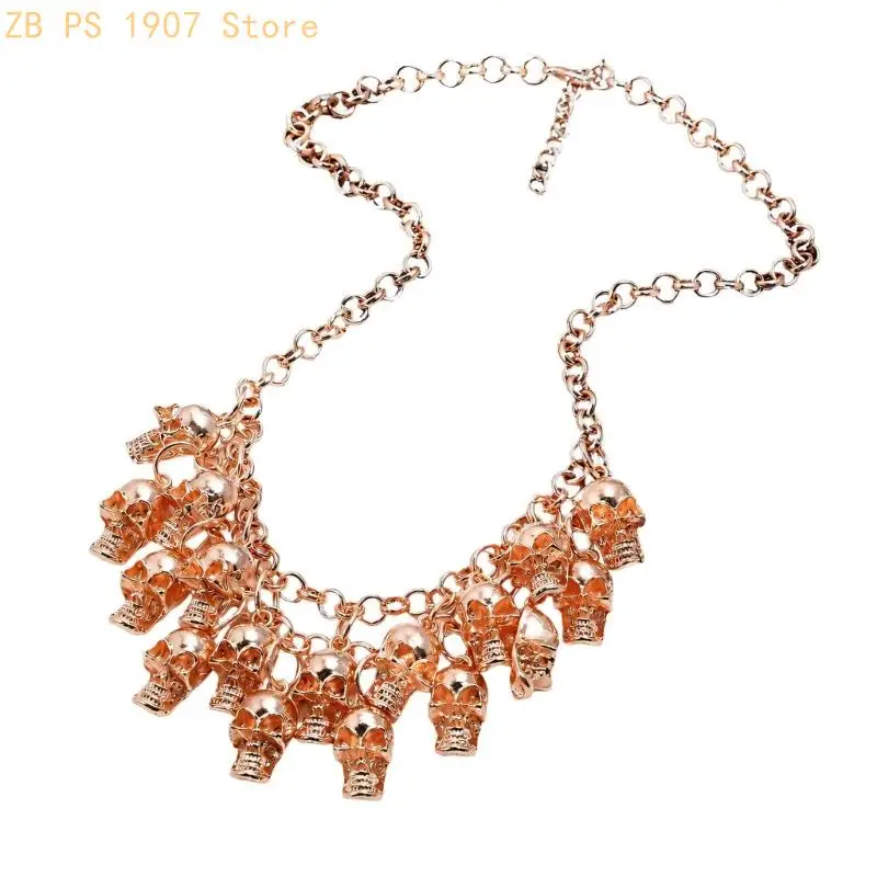 Punk Halloween Skull Necklace Statement Chain Jewelry with Front Drape and Alloy Finish for Concert and Party Outfits Daily 55KA