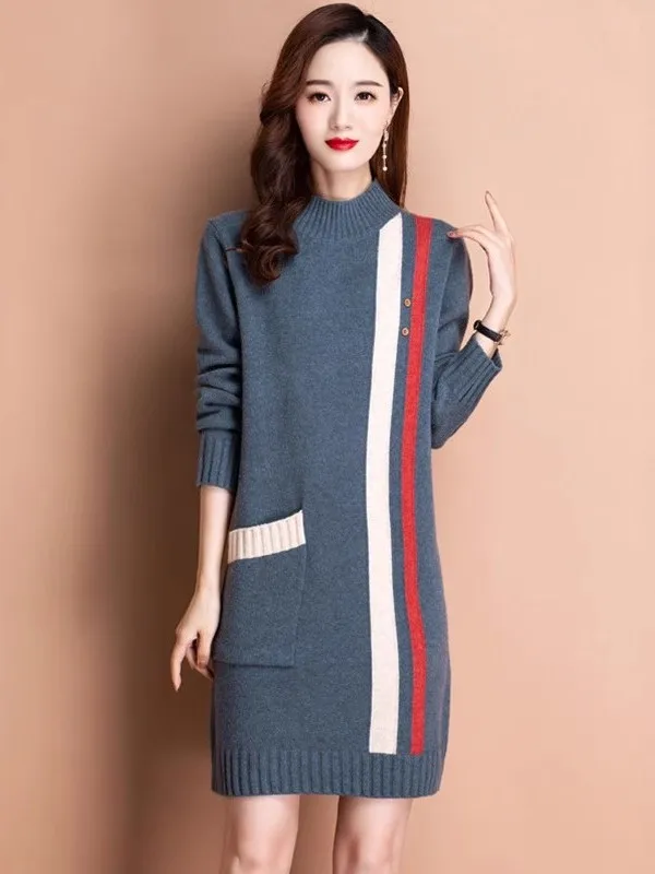 Women's Mid-Length Fleece-Lined Thick Warm Knitted Sweater Half High Collar Base Shirt Top Trendy Commute Style Long Sleeve