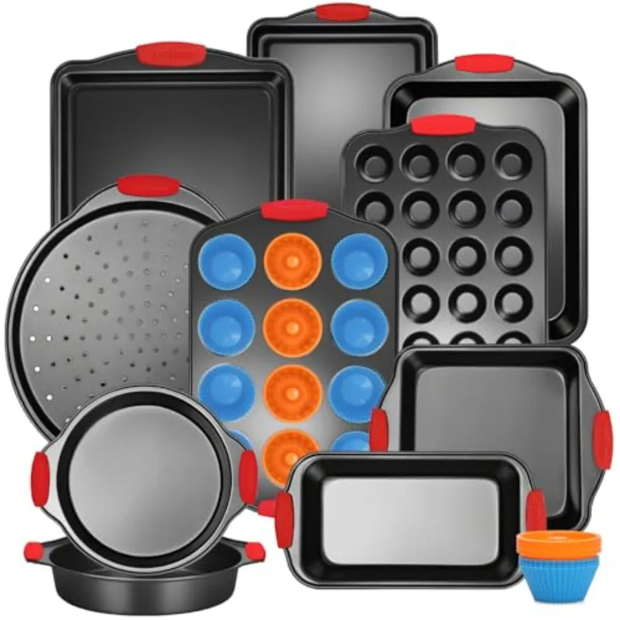 

Baking Pans Set with Silicone Handles 34 PCS Nonstick Bakeware Sets Oven Pan Set Includes Baking Tray Cookie Sheet Cake Pans Lo