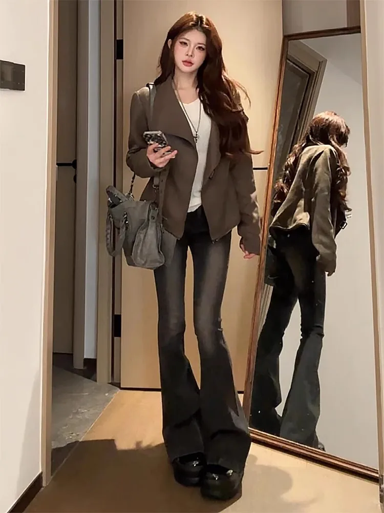 

Retro American Grey Black Micro Flared Jeans Women's High Waist Slimming Long Pants Sexy Girl Autumn Winter Fashion Parkyeon
