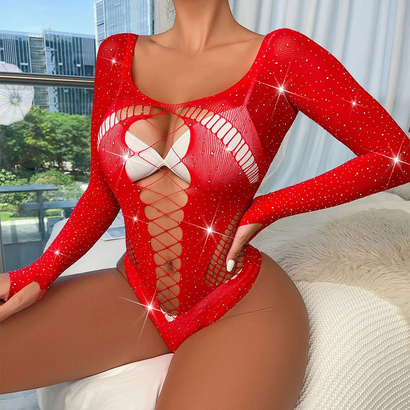 Women Sexy Body Suits Rhinestone Long Sleeve Fishnet Transparent Bodysuit Erotic Clothes Female Hollow Shiny Diamond Bodysuits