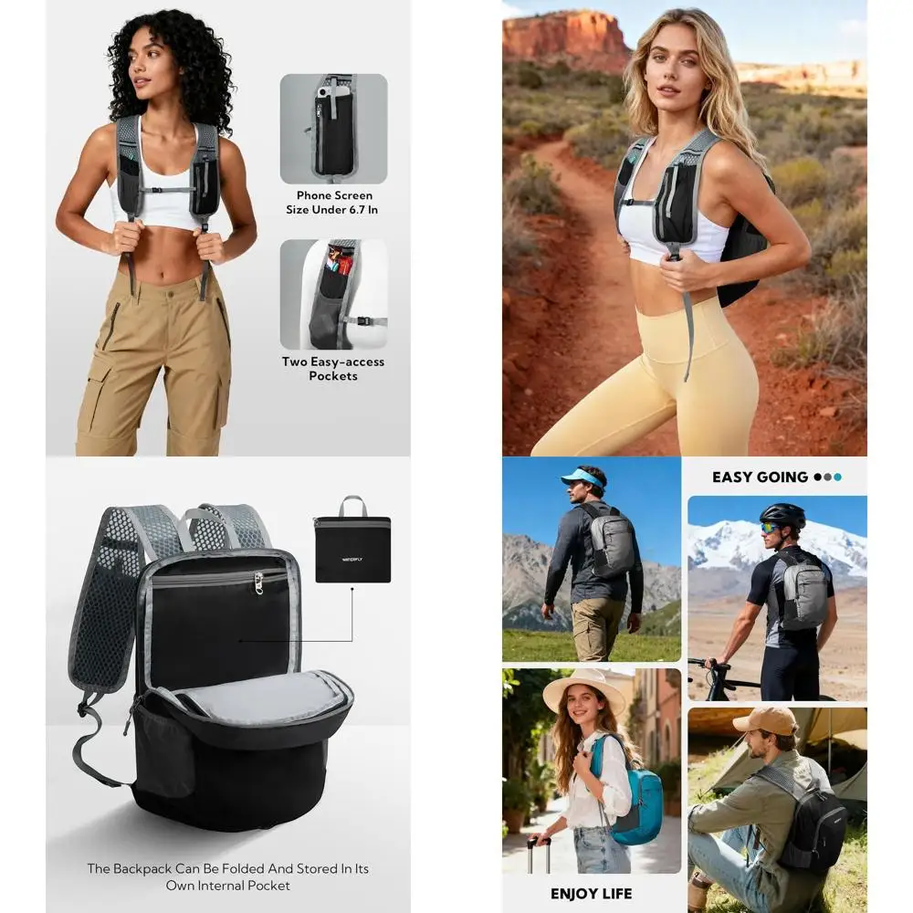 

Ultralight 15L Packable Daypack: Compact Hiking Backpack for Outdoors, Travel, and Camping - Unisex Black