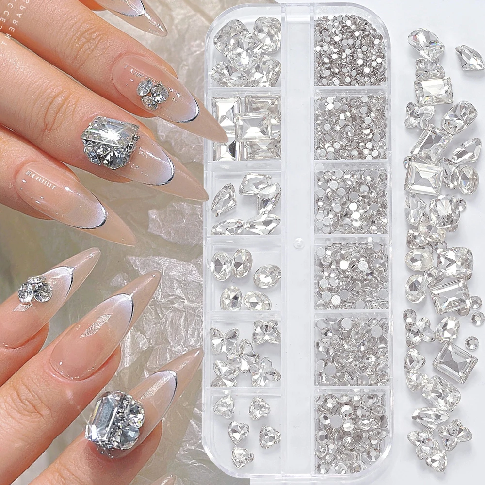 12 Grids 3D Flat Round Rhinestone Nail Charm Plus Large Shaped Nail Rhinestones Nail Gemstones Rectangular Strass DIY Nail Decor