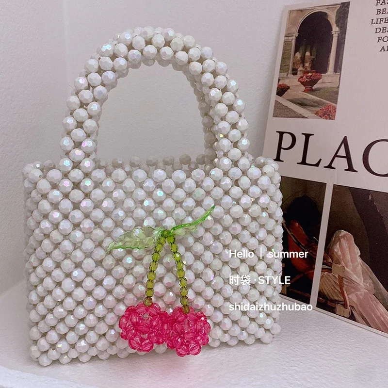 Handmade DIY Summer Cute Girl Fairy Daily Street Handbag New Woven Acrylic Bead Ins Cherry Bag 24 Custom Color Women's Bags