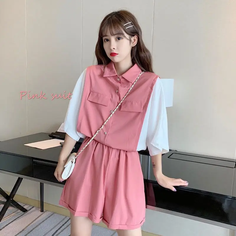 Korean Two Piece Set Sets Women Sweet Students Shorts Summer Patchwork Femininno Shirts Baggy All-Match Fashion Kawaii Ins