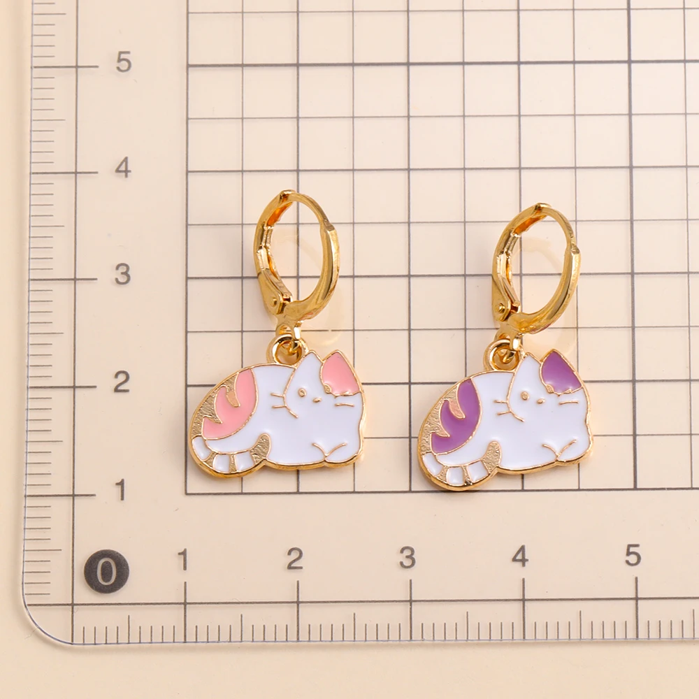 A Pair Gold Color Alloy Enamel Charms Kawaii Cat Dangle Earrings For Women Girls Fashion Animal Drop Earring Party Jewely Gifts image 2