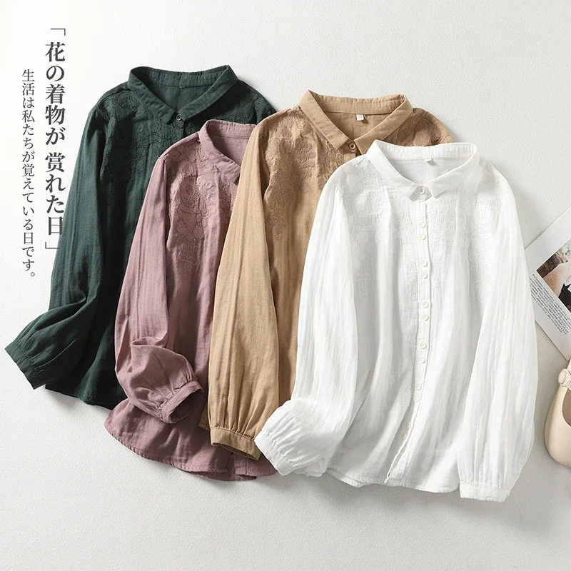 Embroidery Chinese Style Blouses Summer Vintage Women's Shirts Long Sleeve Cotton Linen Clothing Loose Women Top 2024 Korean