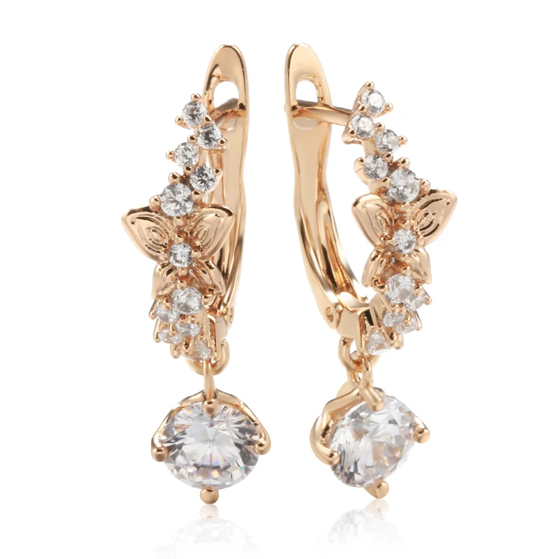 Kinel Luxury 585 Rose Gold Color Women Earring Bling Natural Zircon Dazzling Hollow Butterfly Dangle Earring Fine Daily Jewelry