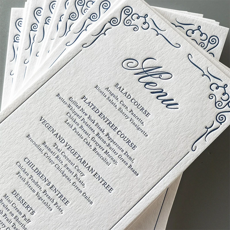 Menu Cards Gold Foil Letter Press Debossing Embossing High-Quality Cotton Paper for Wedding Invitations