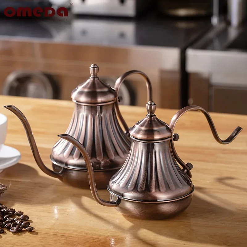 Royal Style 420ml/650ml Coffee Stainless Steel 304 Embossed Bronze Home Pot Ear Hanging Fine Mouth Handmade Coffee Pot Gift