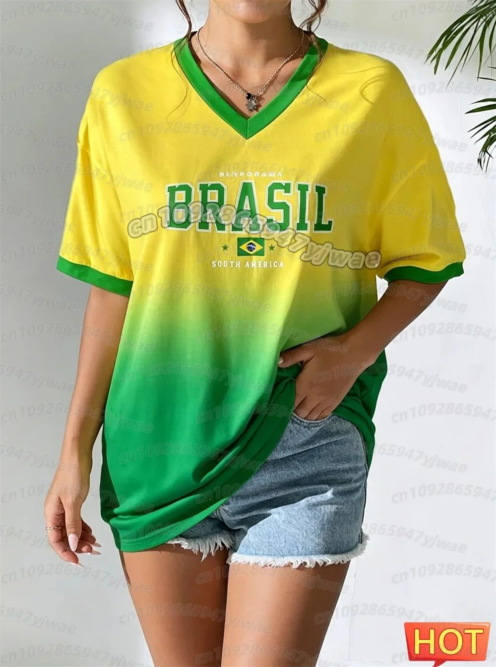 Neues Brasilianisches T-Shirt Sommer Damen V-Ausschnitt T-Shirt Brasilianisches Fußball-T-Shirt Gelb Farbverlauf Damen Herren Schnelltrocknende Oberteile – Detail 4