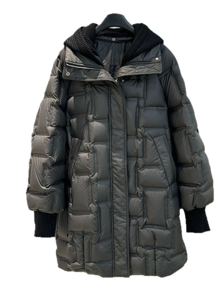 2025, neue Winter Lange Weiße Ente Puffer Jacke Frauen Casual Lose Fit Verdickt Warme Parkas Gestrickte Hut Abnehmbare Unten Mantel dame