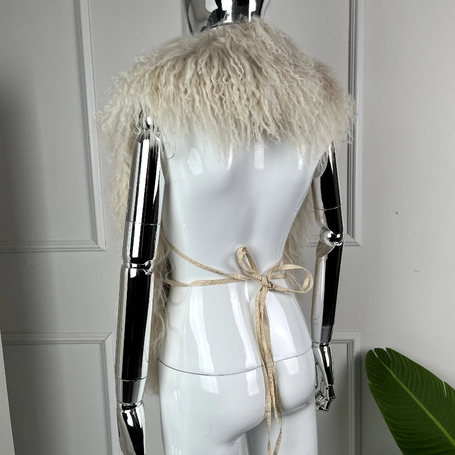 Naturalna Mongolska Skóra Owcza Halfter Futrzana Kamizelka Jagnięca Futrzana Kamizelka Dziewczęca Jesienno-Zimowa Moda Sexy Duży Kołnierz z Włosów na Plecach Top typu Halter