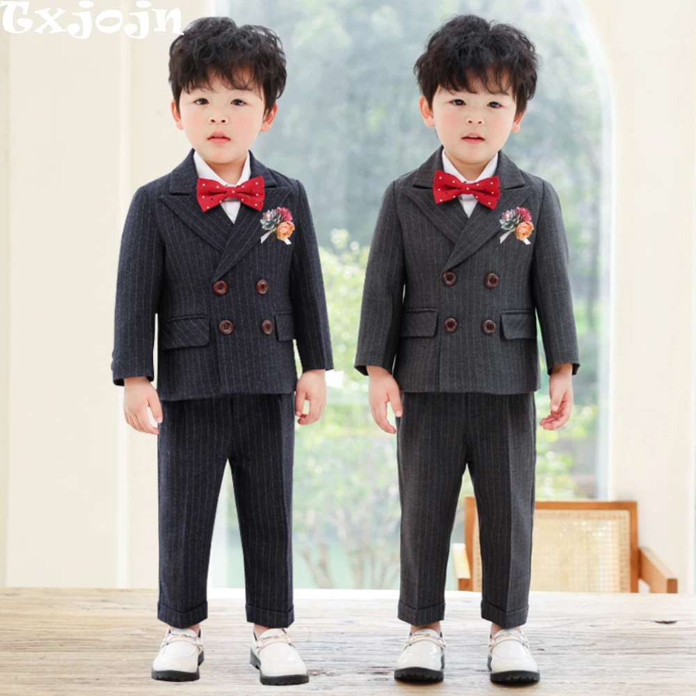 

Double Breasted Kids Tuxedo 5 Pieces Wedding Ring Bearer Outfit,Classic Striped Boys Slim Fit Suits Piano Performance Outfit