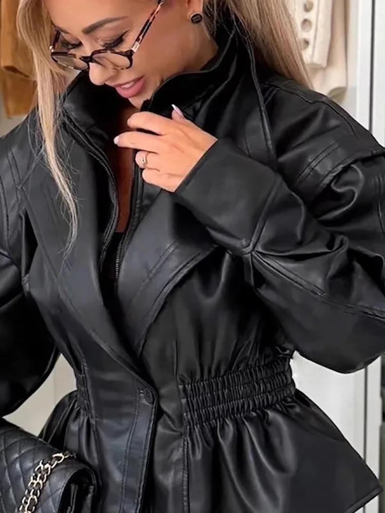 

Retro Solid Color Long Sleeve Motorcycle Jacket Casual Button Slim Fit Commuter Outerwear Autumn Winter Women Lapel Waist Coat