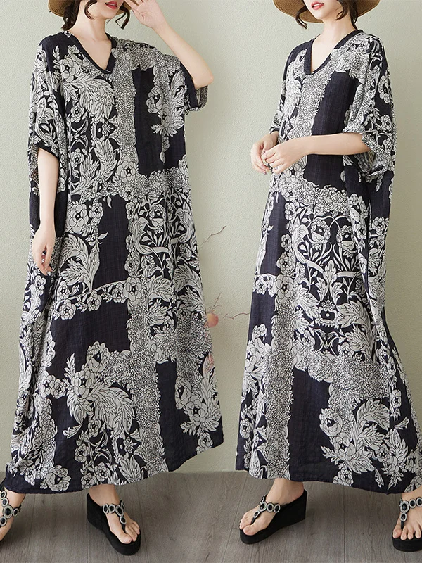 فستان صيفي عتيق طويل Dr Bla مطبوع عليه زهور من القطن والكتان V-Ne للسفر غير رسمي فضفاض الخصر ort Sve H-ape