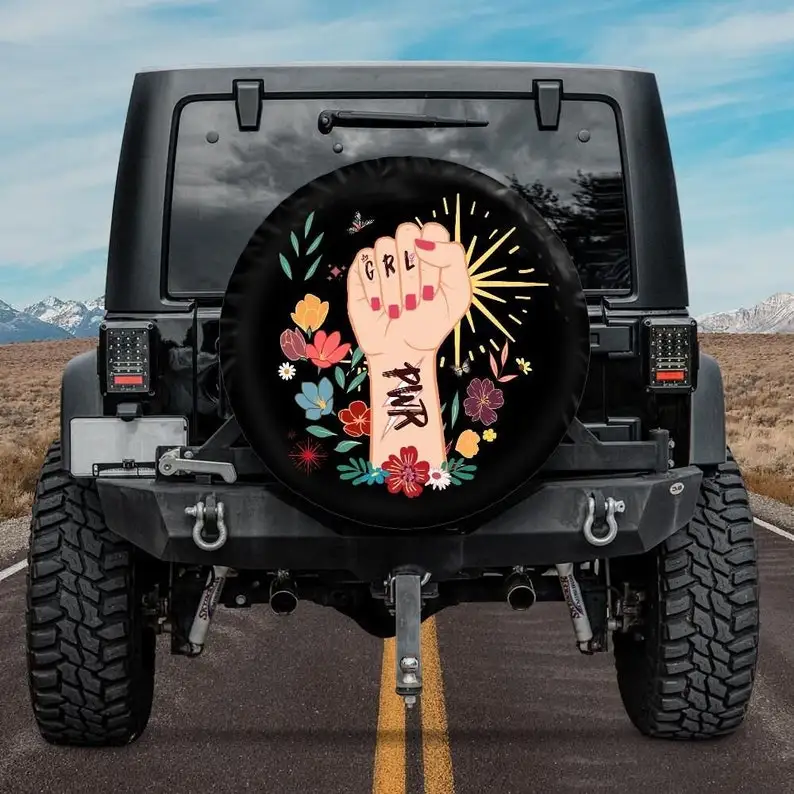 Girl Power Tire Cover, Floral tire cover for Jeep for Bronco, RVs and campers, Strong woman Empowerment tire cover, backup camer