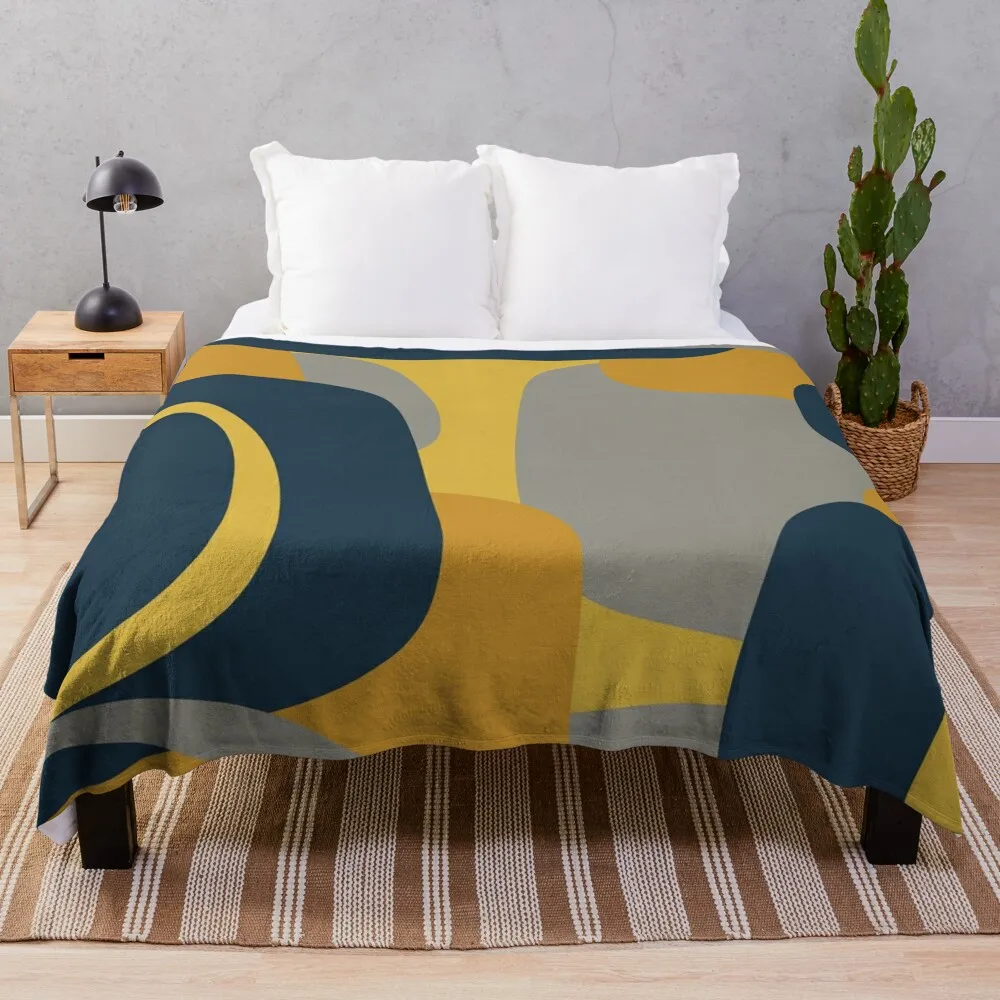 Mid Century Modern Retro Abstract Pattern in Navy Blue, Mustard Yellow, and Gray Throw Blanket Retros Thermal Plush Blankets