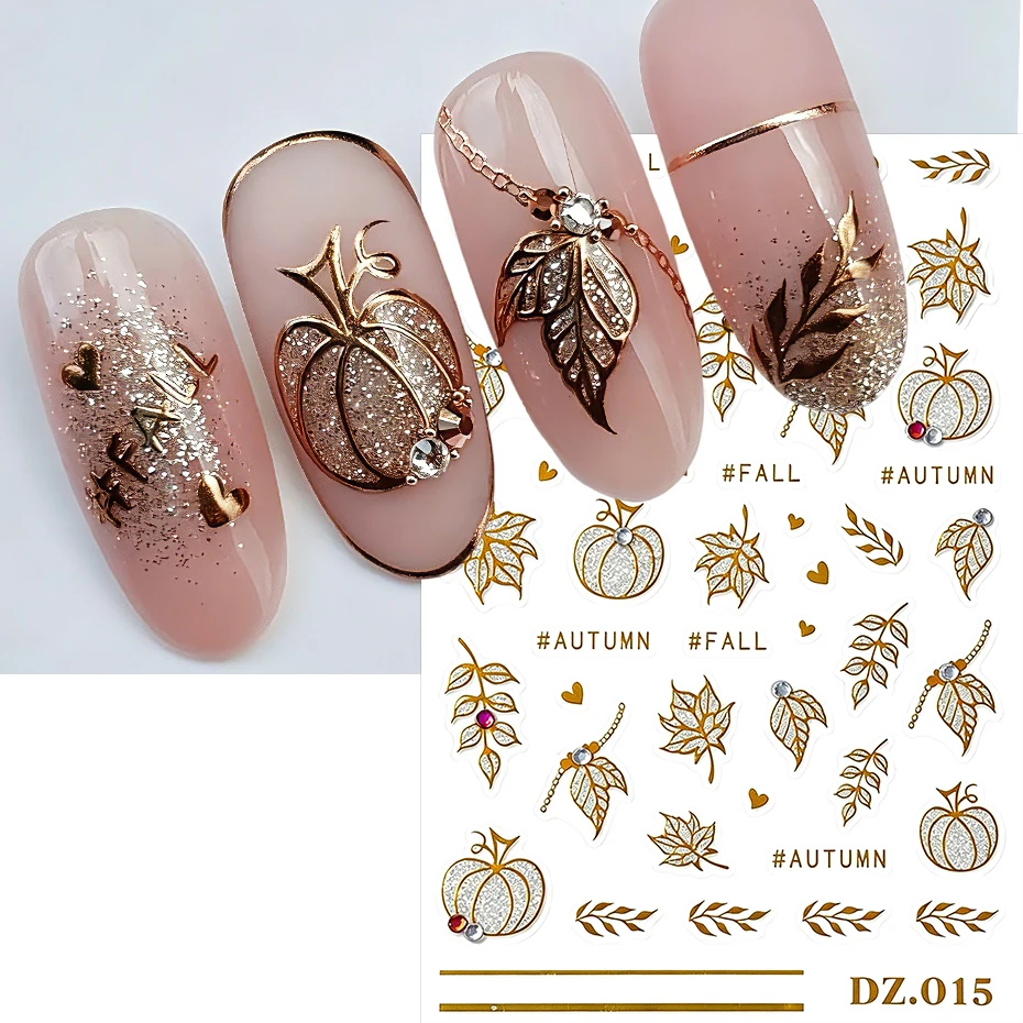 2pcs Golden Pumpkin Maple Leaf Nail Stickers Shiny Nail Art Decals Autumn Fall Mini Heart Leaves Manicure Decoration Accessories