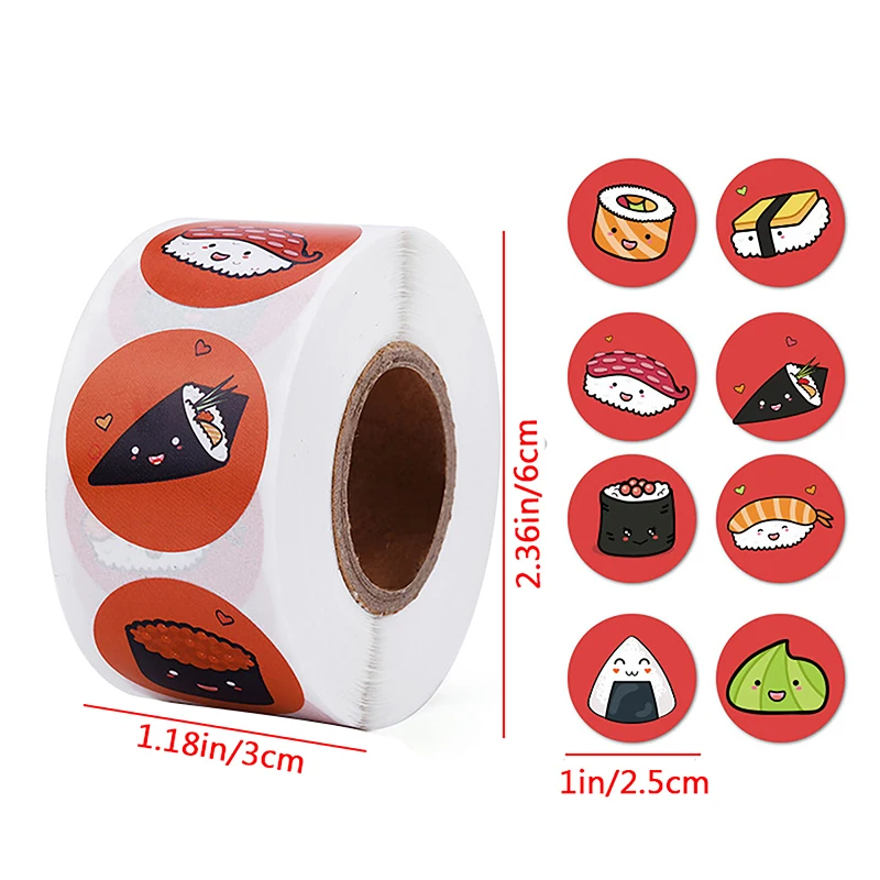 1Roll 2.5cm/1inch Circular Cartoon Sushi Pattern Sticker Birthday Wedding Decor Sticker Baked Dessert Lunch Box Label Sticker