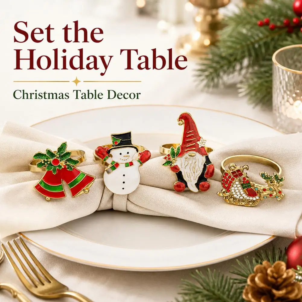 Metal Alloy Napkin Rings Christmas Napkin Rings Metal Holders Gnome Bell Snowman Deer Designs Reusable Holiday Dinner Party