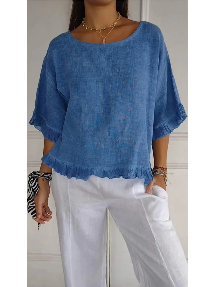 

Woman's New Solid Color Ruffles Shirts Top Summer O-Neck Short Sleeve Loose Casual Blouse Tops For Women Streetwear Blusa