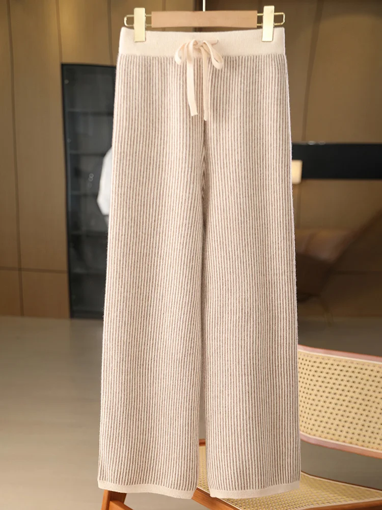 

100% Merino Wool Knitted Trousers Striped Women's Wide Leg Pants Autumn Winter Casual Style Thick Warm Cashmere Pant Drawstring