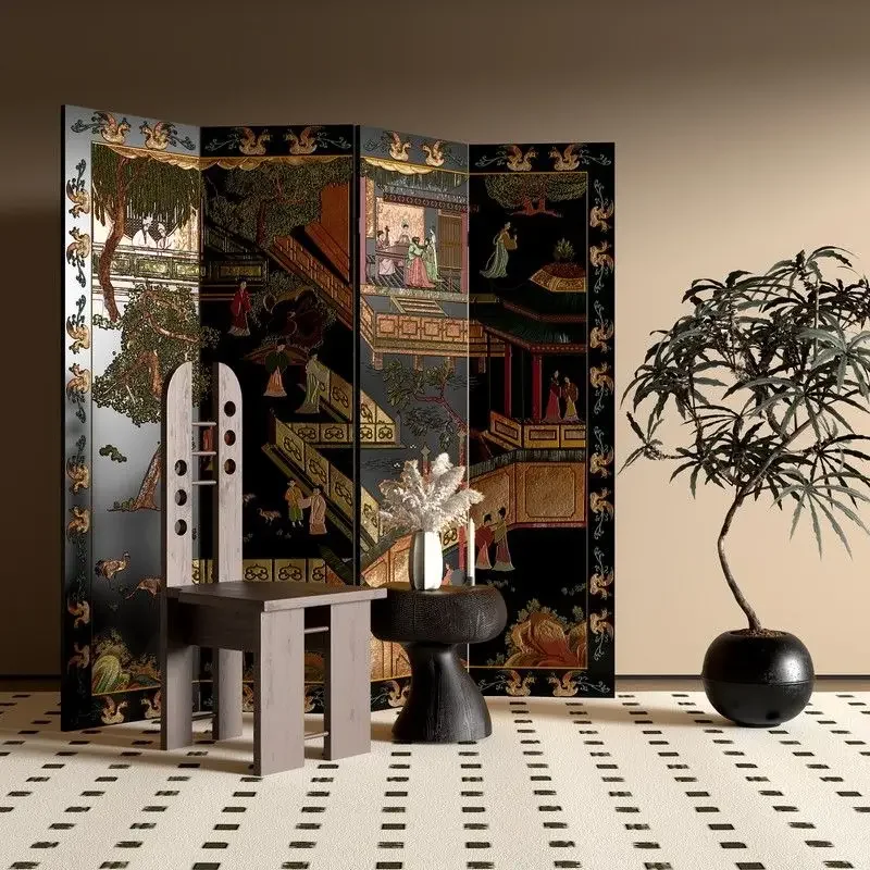 Lacquer painting screen foldable mobile partition wall board wabi-sabi mid-ancient style solid wood lacquer painting