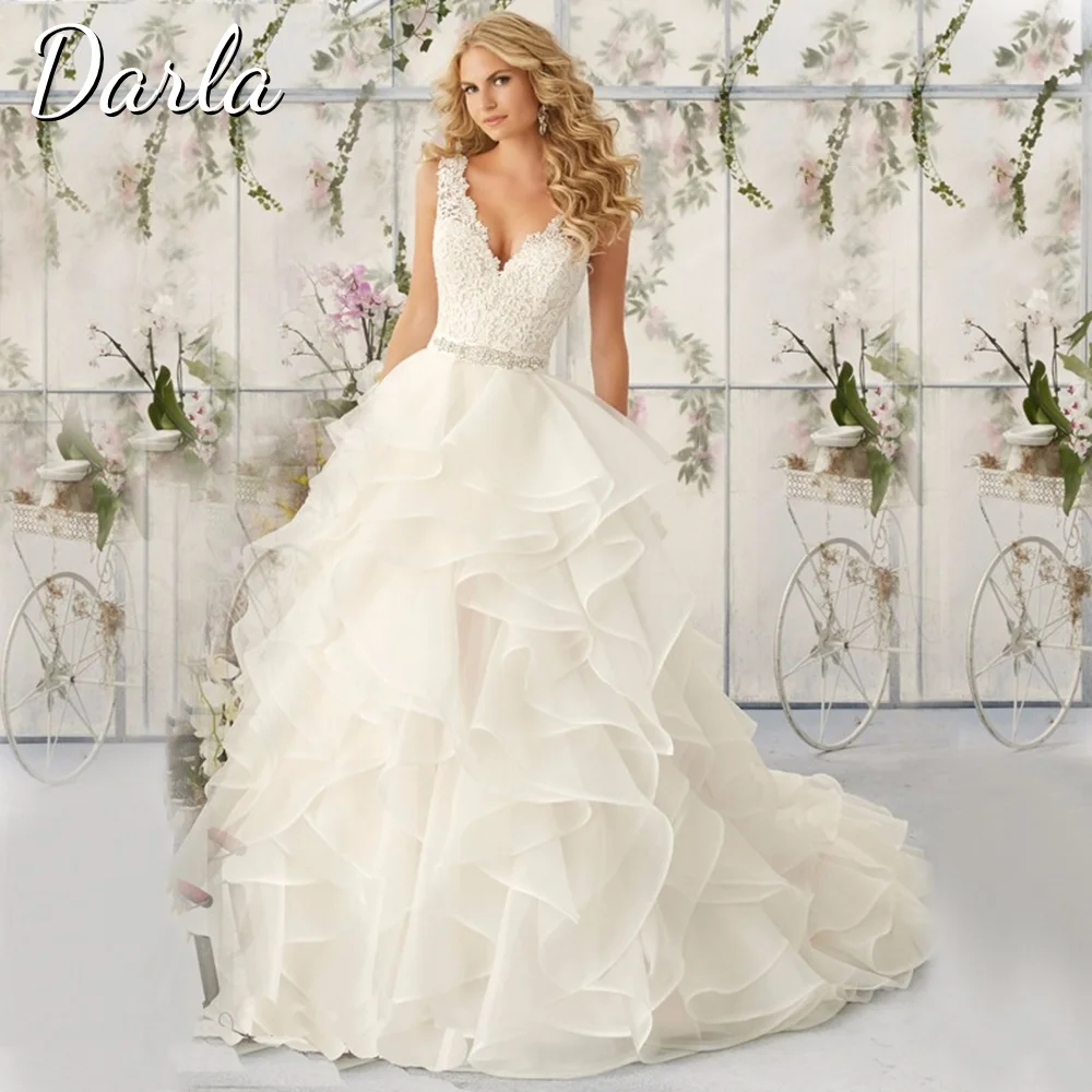 Darla elegante vestidos de casamento com decote em v rendas corpete babados vestido de baile saia princesa robe de mariée zíper voltar vestidos de noiva