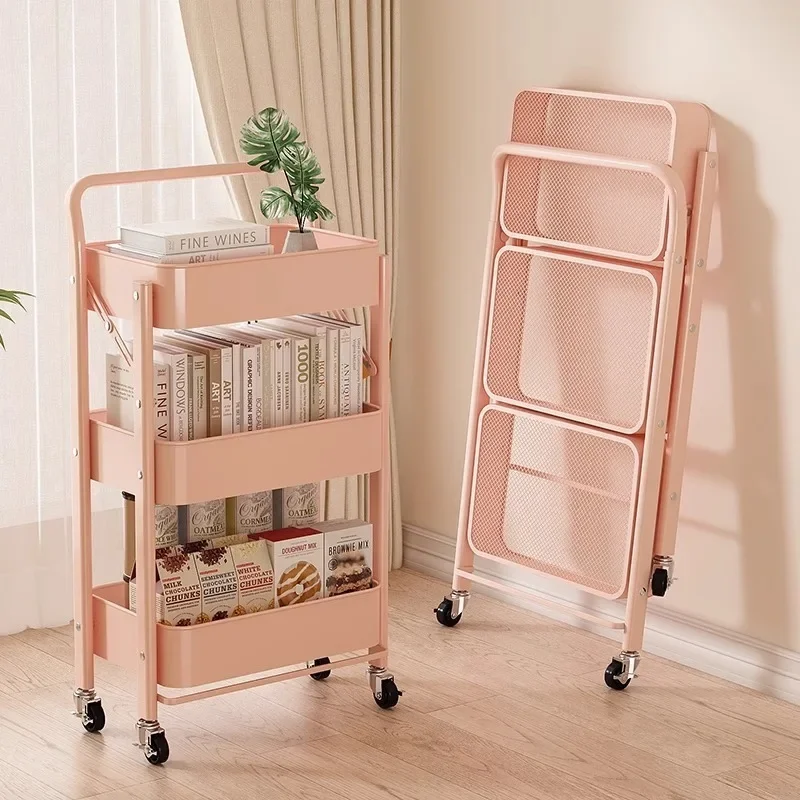 Kitchen Trolley Foldable Fruit Vegetable Trolley Multipurpose Shelf with Wheels Trolley Household Storage Rack Organizer Carts