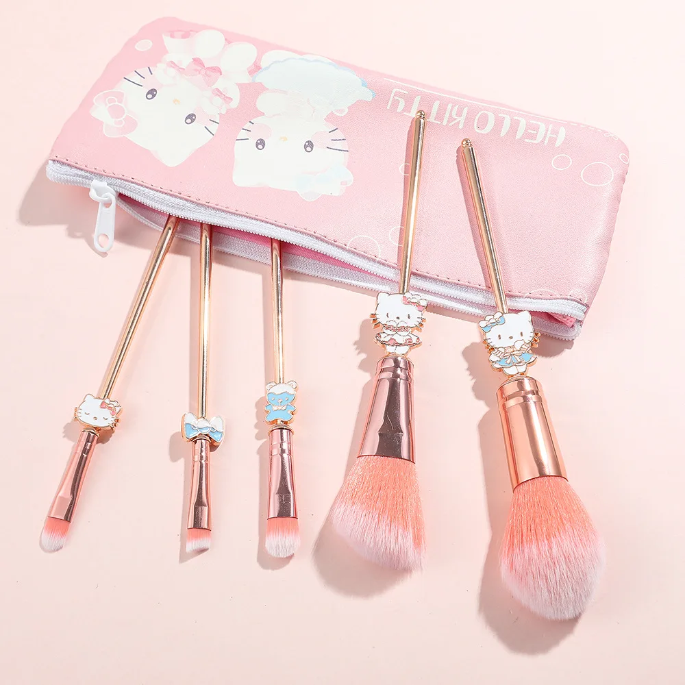 Sanrio Hello Kitty Makeup Brush, Eye Shadow Foundation Blush Blending Beauty Cosmetics Brush with Cute Pink Cosmetic Bags, 5Pcs