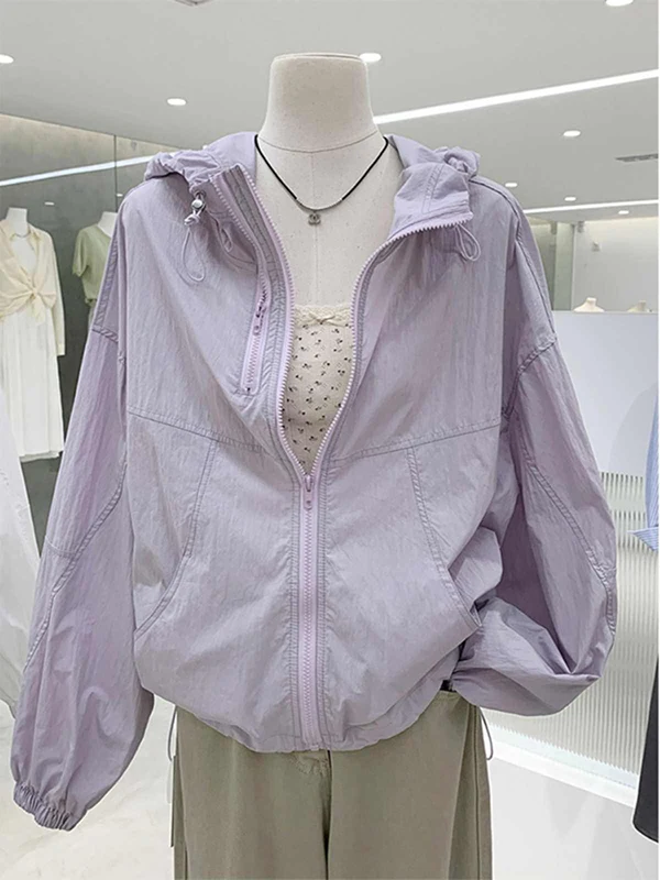 Casual Women's Jacket with Double Zipper And Hood Lightweight Long Sleeve Sun Protection Outerwear Breathable Polyester Fiber